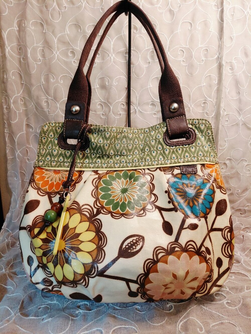 Fossil Floral Canvas Shoulder Bag Leather Trim Charm